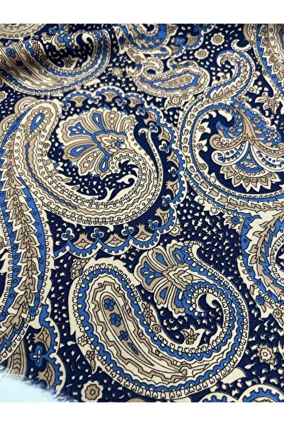 ELNA KUMAŞ Şal Desenli Viskon Kumaş – Paisley Mavi Bej Tonlar Elbise Kumaşı |...
