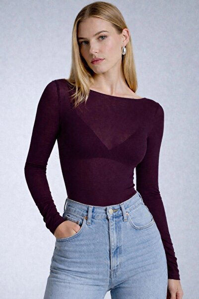 Mivida Kayık Yaka Modal Kaşmir Ultra Hafif Mürdüm Bluz