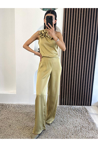 STEPS One-Shoulder Collar Floral Detail Jumpsuit - Oil Green Oil Green