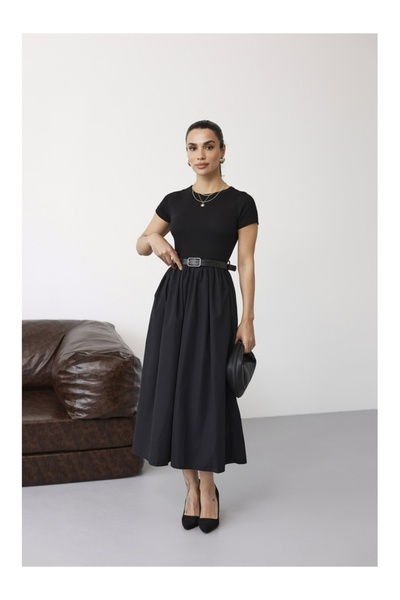 Flarsky Women's Black Belted Maxi Short Sleeve Dress