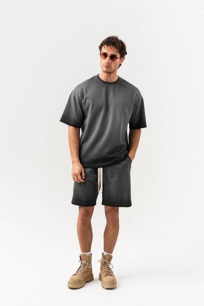 go gang own Texton Yıkamalı Bisiklet Yaka Oversize T-shirt ve Şort Takım