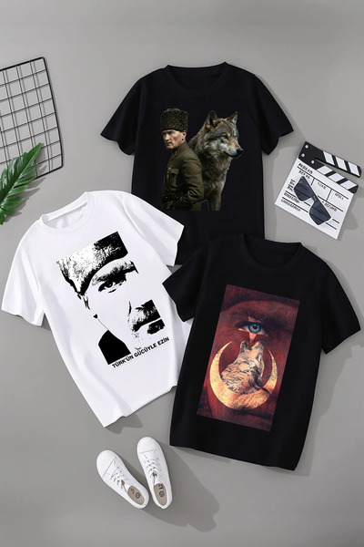 MAGORS ATATÜRK VE BOZKURT BASKILI KISA KOLLU 3'LÜ PAKET GENÇ VE ÇOCUK TSHIRT