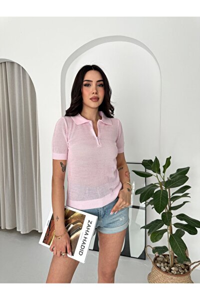 LE CARAMBOLE Ženska ružičasta polo majica sa mrežastim ovratnikom Tkano komad...