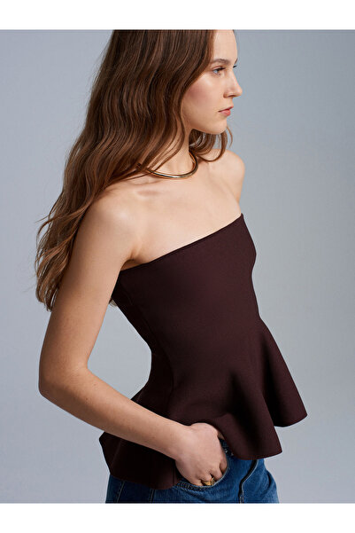 Dilvin 10791 Στράπλες Πλεκτό Τοπ με Πεπλάμιο-Καφέ