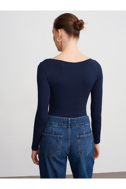 Dilvin 32549 Boat Neck Bodysuit-Dark Blue