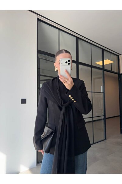 BB Bensu Buyruk Shalli Gold Buttoned Blazer Jacket Black