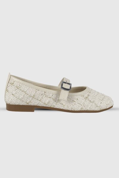 Modezya Beige Tweed Fabric Belt Detail Oval Toe Women's Ballet Flats