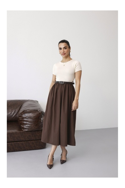 Flarsky Women's Coffee Belted Maxi Short Sleeve Dress