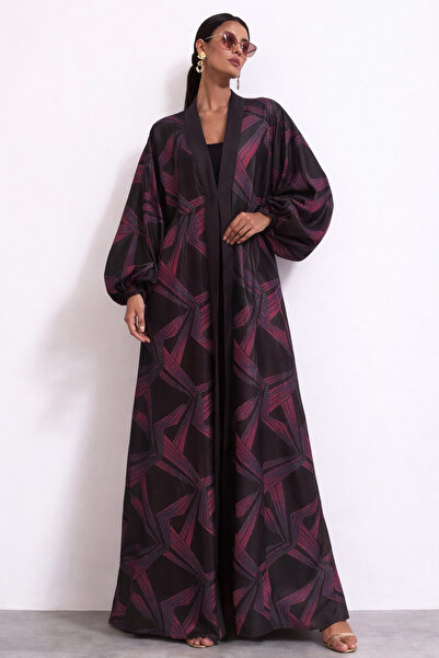 Marever Fashion Black Claret Red Geometric Patterned Long Brocade Silk Kaftan