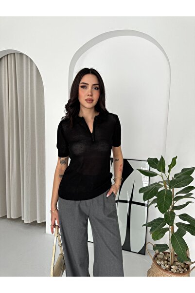 LE CARAMBOLE Bluză tricotată cu mânecă scurtă, neagră, cu guler polo, din pla...