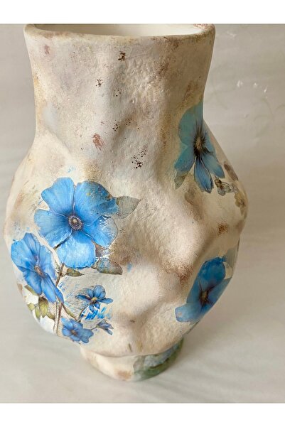 TULİ El Boyaması Dekoratif Seramik Vazo 27 cm – Mavi Çiçekli Eskitme Dokulu Ö...