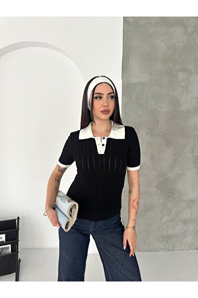 LE CARAMBOLE Дамска черна поло блуза с къс ръкав и поло яка