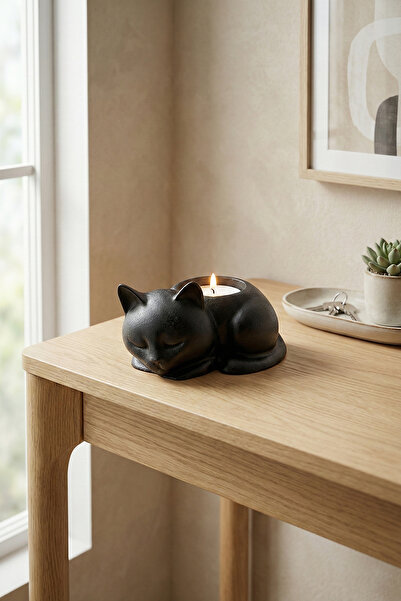 bakan hediyelik FELORA Uyuyan Kedi Figürlü Dekoratif Biblo, Tealight Mumluk E...