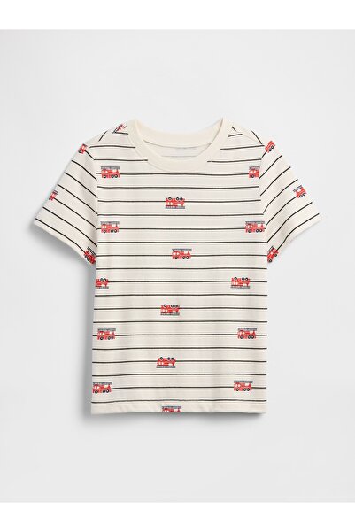 GAP Erkek Bebek Kırık Beyaz Baskılı Bisiklet Yaka T-Shirt
