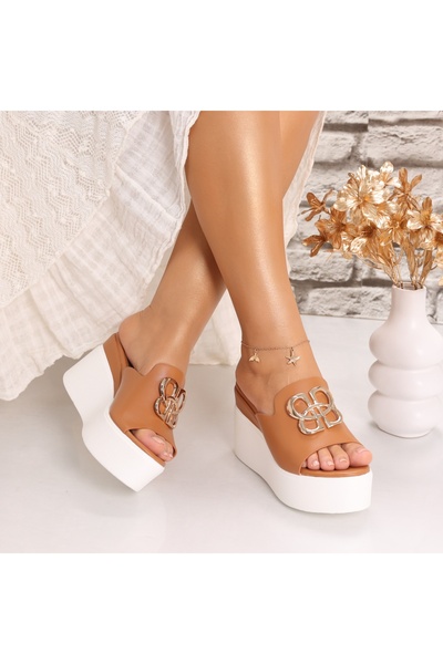 Botinelli Papuci de damă cu platformă Camel din piele Brillya - , 37