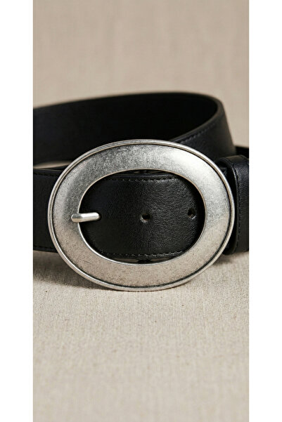 MELA ROSSA Women's Black S Faux Leather Silver Antique Oval t Buckled Belt