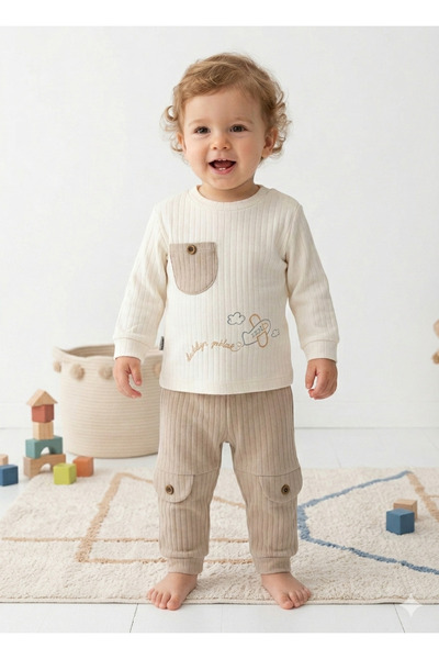 EYMİRGİYİM Airplane Embroidered Pocketed Report Fabric Set of 2 Baby Boy Chil...