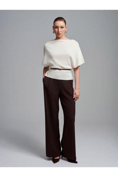 Dilvin 10838 Wool Blend Belt Li Boat Neck Sweater-Ecru