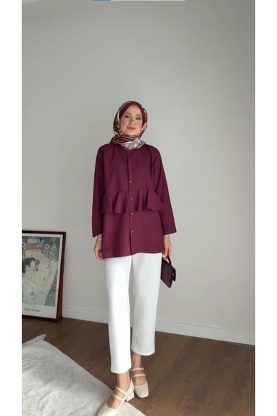 RFK Butik Women's Alerli Seyyar Belt Pack Poplin Shirt Tunic - Claret Red
