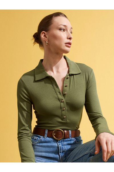 Dilvin 32671 Пола с детайли от копчета и висока яка - Отворено каки