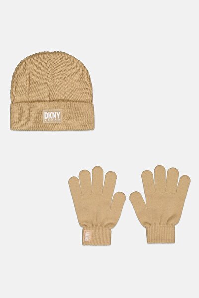 Dkny Jeans Kids Girl 2 Pcs Corchet Beanie And 1 Pair Gloves Set, Beige