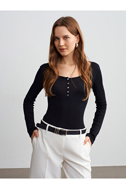 Dilvin 32607 100% Vuna Bluzica sa dugim rukavima i dugmićima - crna