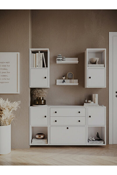 FOR WOMAN DESİGN Ahşap Modern Çok Amaçlı Duvar Ünitesi 5 Kapaklı 2 Çekmeceli ...