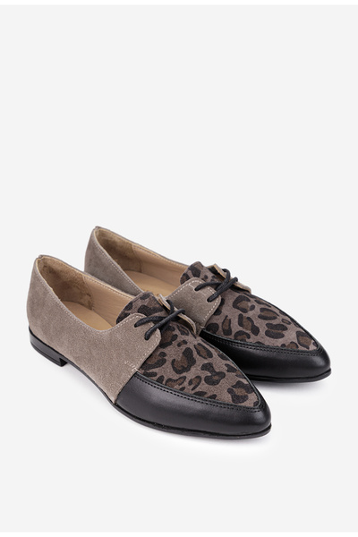 Dasha Pantofi dama din piele taupe cu neagru si imprimeu animal print