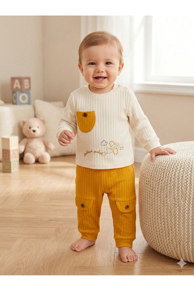 EYMİRGİYİM Airplane Embroidered Pocketed Report Fabric Set of 2 Baby Boy Chil...