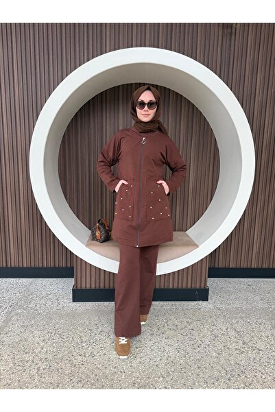 AYSUN AYDEMİR Καφέ Σετ Φόρμας με Φερμουάρ και Διπλό Κάλυμμα Καβάλου