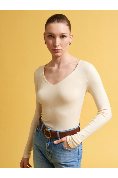 Dilvin 10842 V-Neck Cashmere in Ultra Lightweight Knitwear Sweater-Light Yellow