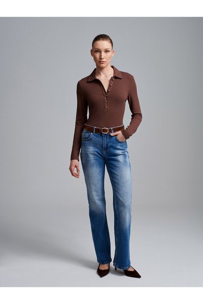 Dilvin 32671 Button Detailed Polo Neck Top