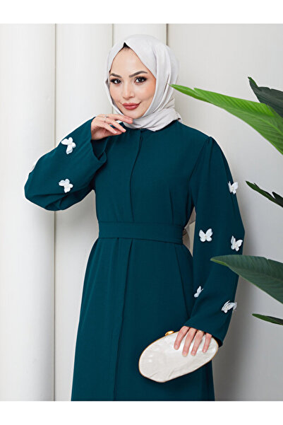 MY QILAM Women's Tesettür Clothing Abaya Ferace Long Dress with Butterfly Emb...