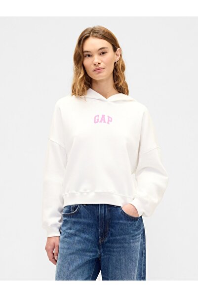 GAP Kadın Beyaz Relaxed Logo Fleece Sweatshirt