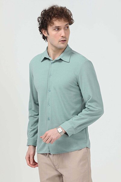 JB John Borners Men's Long Sleeve Buttoned Textured Shirt Green - 26Y 30000