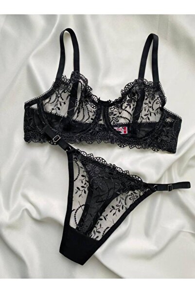 BanaTAP Black Floral Print Wired Embroidered Bra and Thong Lingerie Set