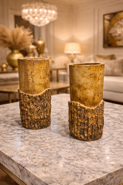 İSHTAR DEKOR Decorative 2-Piece Log Vase - Wood Color - 24X21 cm