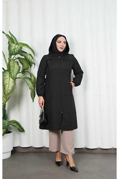 HNT Hayrunnisa Tesettür Fermuarlı Kapitone Uzun Kap Siyah HNT8581