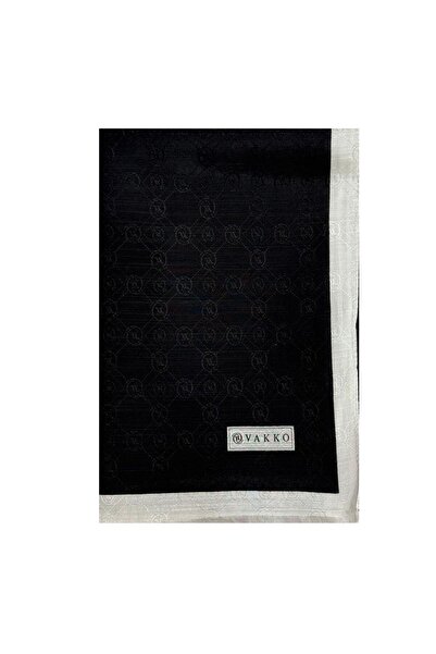 Vakko Pamuk İpek Monogram Şal 44225-Siyah Beyaz