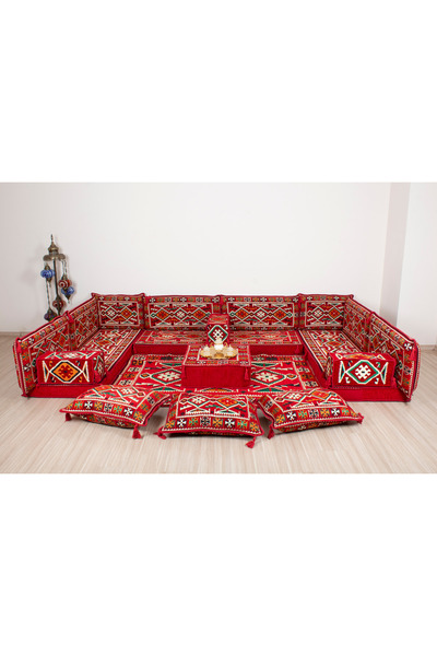 MOSHOME 330x190cm Anadolu Motifli Kırmızı Şark Köşesi Takımı Full Set