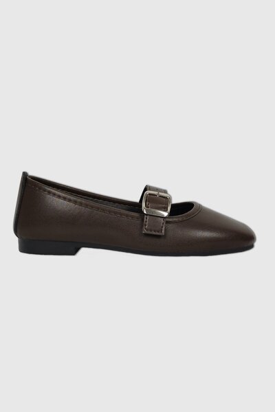 Modezya Coffee Matte Belt Detail Oval Toe Women's Ballet Flats