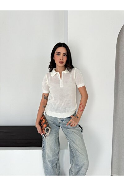 MODAMERSİ Дамска блуза с къс ръкав, поло яка и мрежеста плетена материя в цвя...