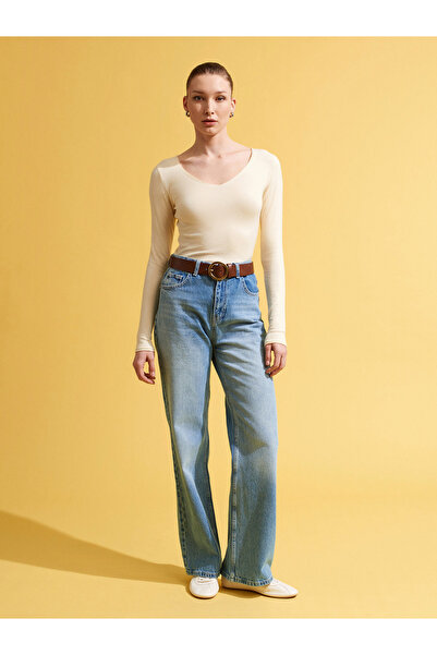 Dilvin 10842 V Yaka Kaşmirli Ultra Hafif Triko Kazak-Açık Sarı