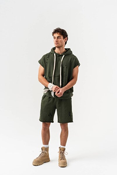 go gang own Frayor Ripped Detailed Sleeveless Hooded Sweatshirt and Shorts Set