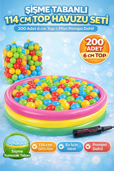 YILDIRIM OYUNCAK Şişme Tabanlı 114cm Top Havuzu Seti – 200 Adet 6cm Renkli Oy...