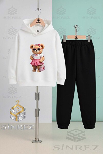 SİNREZ Children's Unisex Bearish Pink Skirt Canta Hooded Tracksuit Set