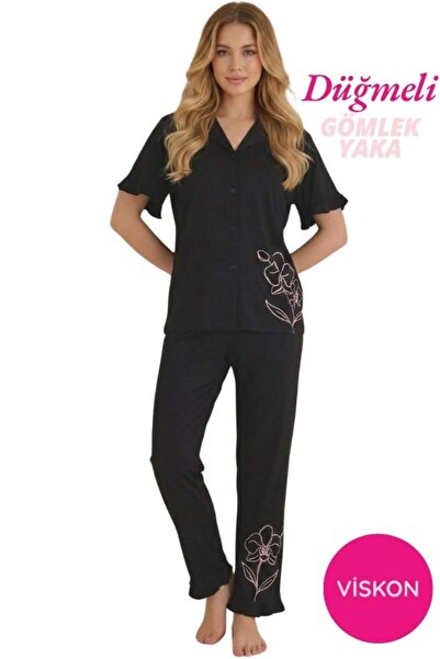 seamlife Women's Patterned Shirt Collar Button-Front Viscose Short Sleeve Paj...