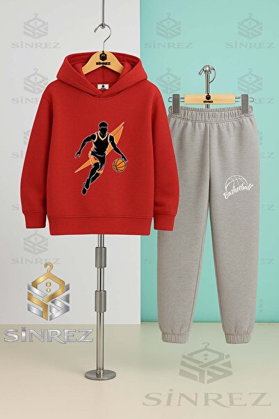 SİNREZ Children's Unisex Basketball Player Orange Syh Hooded Tracksuit Set