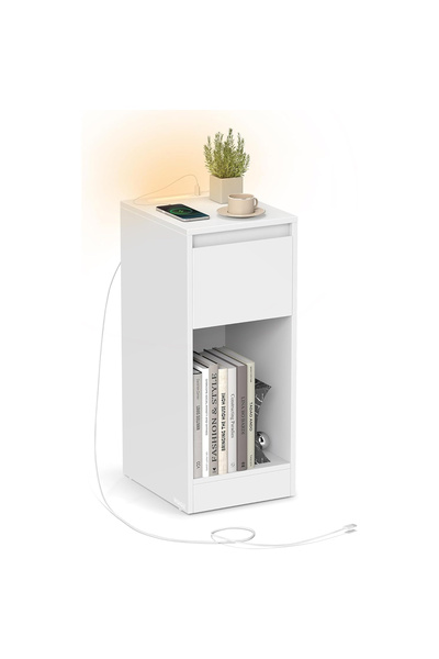 VASAGLE Noptieră subțire cu LED și stație de încărcare, 30x25x60 cm, Alb-nori