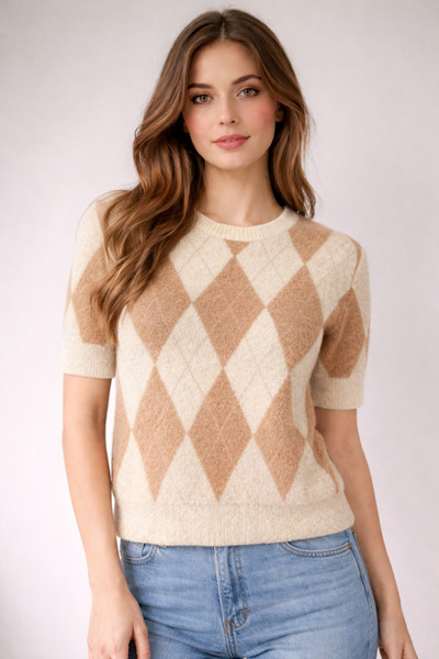 MIRENNA Women's Sweater with Diamond Pattern Detail, Crew Neck, Soft, Fluffy,...